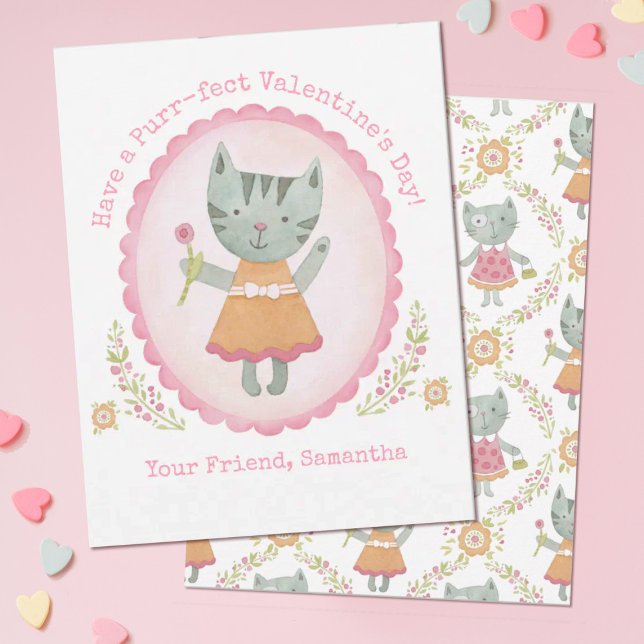 Cute Cat Valentines Day Card (A cute pink kitty cat Valentines day card. Personalize it for a Valentine's Day school gift exchange)