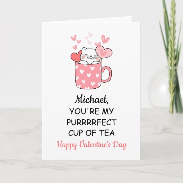 Cute Cat Valentines Day Cartoon Card for Him Her (Front)