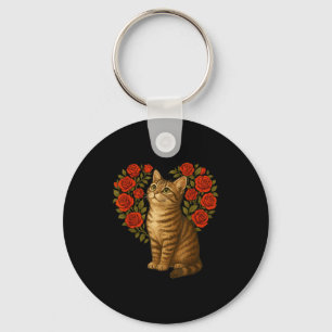 Cute Cat Valentines Floral Heart Funny Cat Lovers Keychain