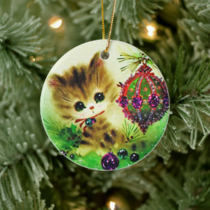 CUTE CAT VINTAGE ART CHRISTMAS ORNAMENT