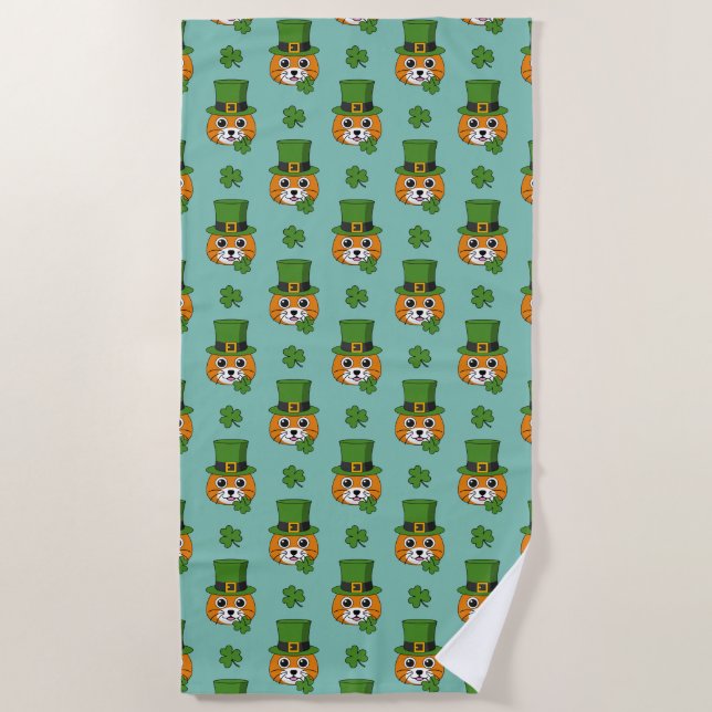 Cute Cat w Hat and Shamrock St Patricks's Pattern Beach Towel (Front)