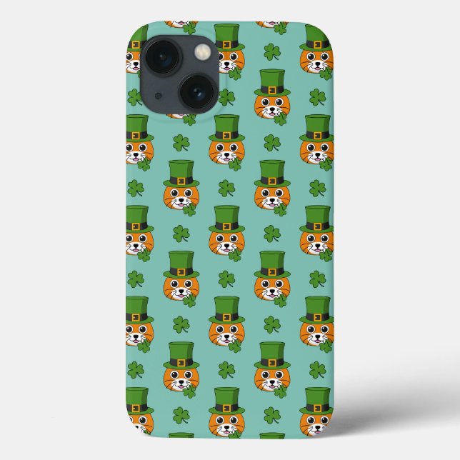 Cute Cat w Hat and Shamrock St Patricks's Pattern Case-Mate iPhone Case (Back)