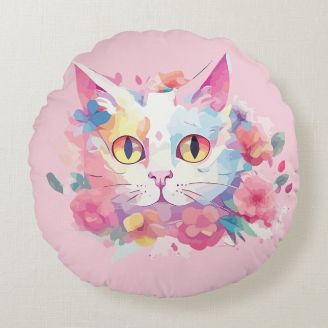 Cute Cat Water Colours Illustration  Round Pillow (Front)