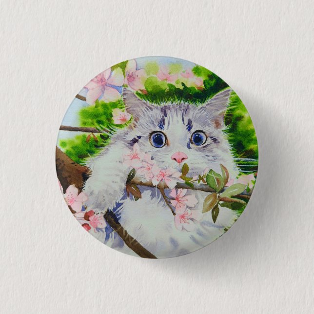 Cute cat watercolor painting 1 inch round button (Front)