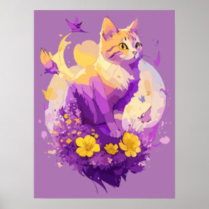 Cute Cat Watercolor Painting with Flora Poster