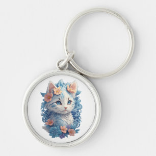 Cute Cat Watercolor Painting with Floral Splash Keychain