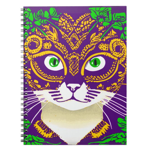 Cute Cat Wearing a Mardi Gras Mask Notebook (Front)