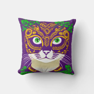 Cute Cat Wearing a Mardi Gras Mask Throw Pillow