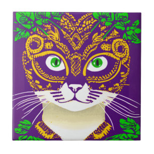 Cute Cat Wearing a Mardi Gras Mask Tile