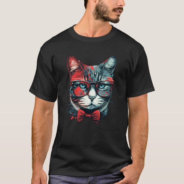 Cute Cat wearing bow tie and red sunglasses cat T-Shirt (Front)