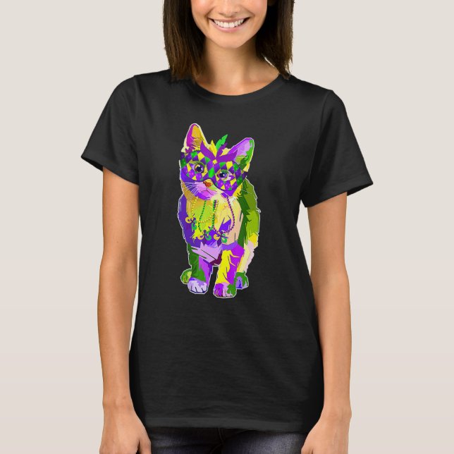 Cute Cat Wearing Carnival Mask Mardi Gras Cat T-Shirt (Front)