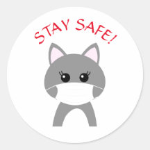 CUTE CAT WEARING MASK STAY SAFE Round Sticker