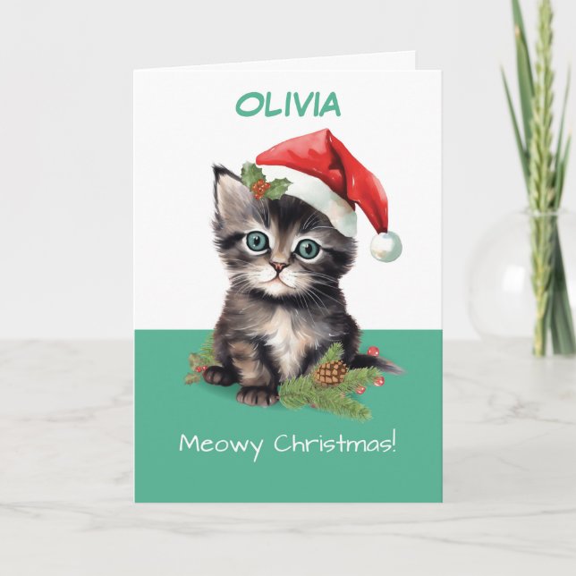 Cute Cat Wearing Santa Hat Meowy Christmas Card (Front)