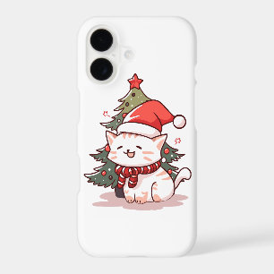 Cute cat wearing Santa hat near Christmas tree