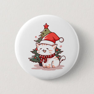 Cute cat wearing Santa hat near Christmas tree 2 Inch Round Button