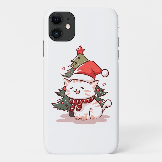 Cute cat wearing Santa hat near Christmas tree Case-Mate iPhone Case (Back)