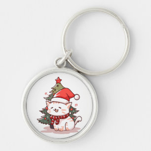 Cute cat wearing Santa hat near Christmas tree Keychain