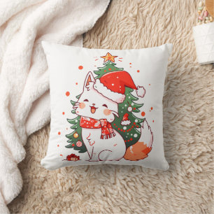 Cute cat wearing Santa hat near Christmas tree Throw Pillow