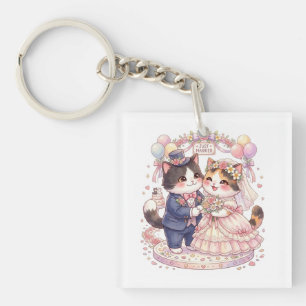 Cute Cat Wedding Just Married Couple Kawaii Bridal Keychain