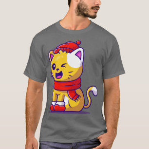 Cute Cat Winter Wearing Hat Scarf And Shoes Cartoo T-Shirt