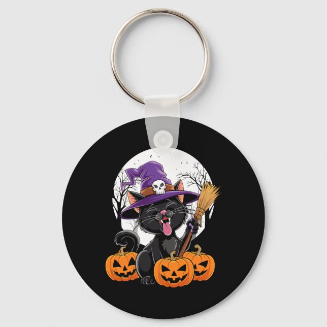 Cute Cat Witch Halloween Pumpkin Black Cat Keychain (Front)