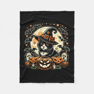 Cute Cat Witch Halloween - Spooky Pumpkin Art  Fleece Blanket