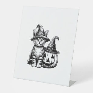 Cute Cat Witch Hat Pumpkin Halloween Cat Lover Boy Pedestal Sign
