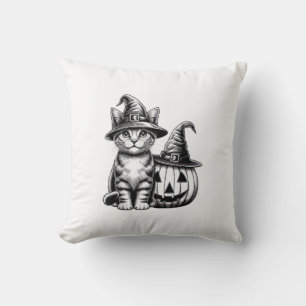 Cute Cat Witch Hat Pumpkin Halloween Cat Lover Boy Throw Pillow
