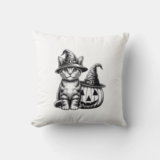 Cute Cat Witch Hat Pumpkin Halloween Cat Lover Boy Throw Pillow (Front)