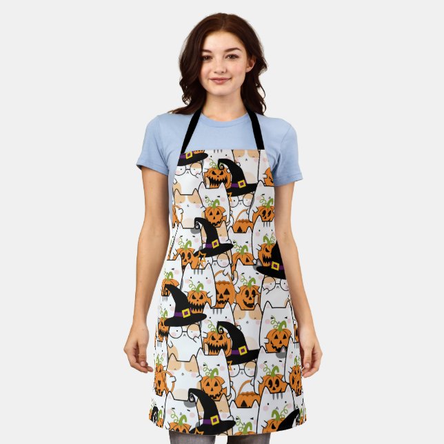 Cute Cat Witch Holding Bumkin Halloween Apron (Worn)