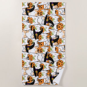 Cute Cat Witch Holding Bumkin Halloween Beach Towel