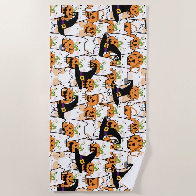 Cute Cat Witch Holding Bumkin Halloween Beach Towel (Front)