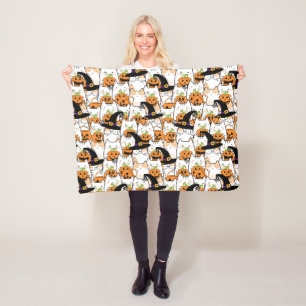 Cute Cat Witch Holding Bumkin Halloween Fleece Blanket