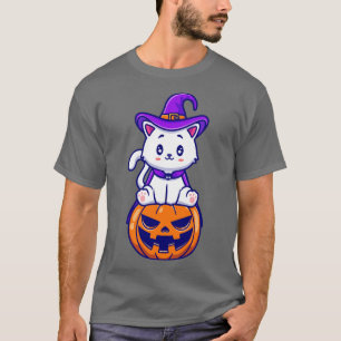 Cute Cat Witch Sitting On Pumpkin Cartoon T-Shirt