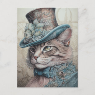 Cute Cat With a Blue Flowers Vintage Tophat Postcard