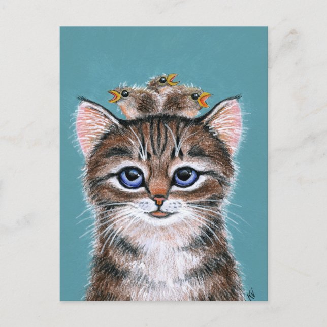 Cute Cat with Baby Birds Spring postcard (Front)