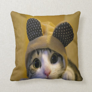 Cute Cat with Big Eyes in a Dressed of Animal Ears Throw Pillow