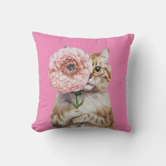 Cute Cat with Big Flower| Adorable Ginger Cat Throw Pillow