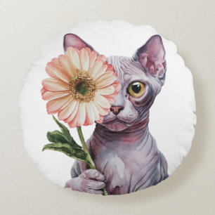 Cute Cat with Big Flower  Adorable Sphynx Cat Round Pillow