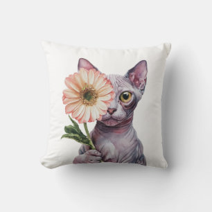 Cute Cat with Big Flower Adorable Sphynx Cat Throw Pillow