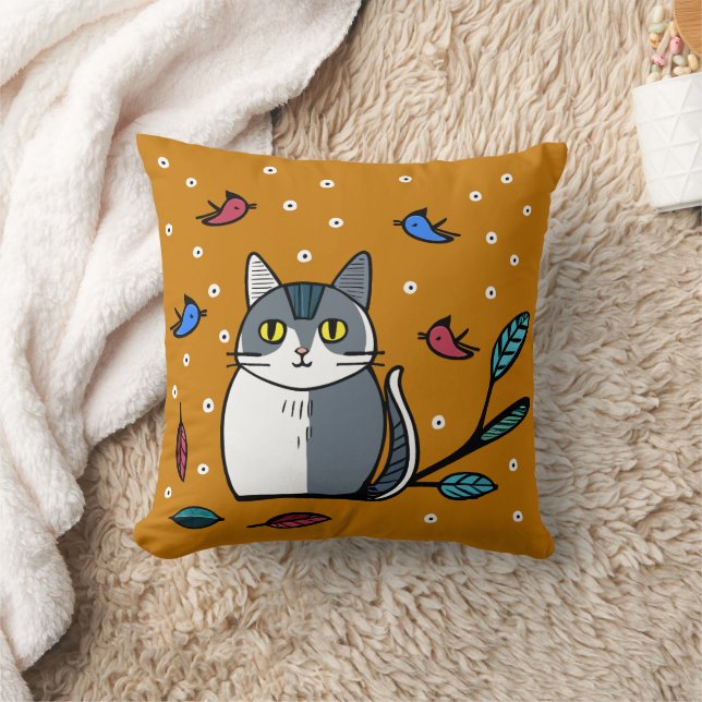 Cute cat with birds  throw pillow (Blanket)