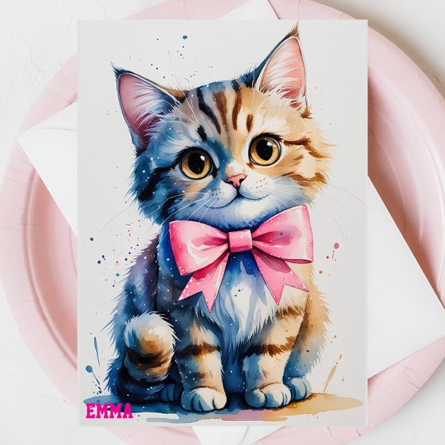 Cute cat with bow happy birthday invitation (Creator Uploaded)