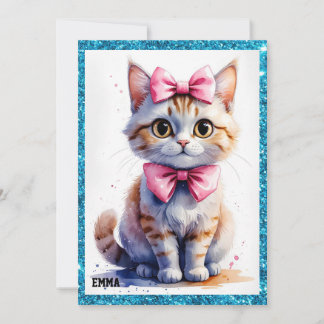 Cute cat with bow happy birthday invitation