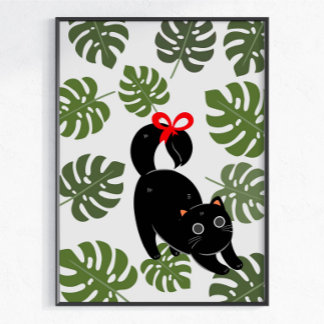 Cute Cat With Bow Monstera Leaves Poster