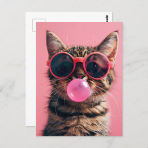 Cute cat with bubble gum, pink, Postcrossing Postcard