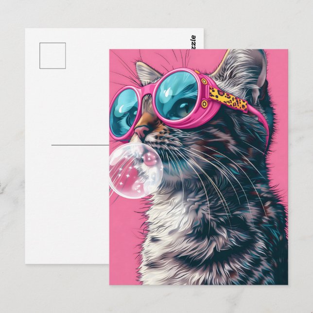 Cute cat with bubble gum, pink, Postcrossing Postcard (Front/Back)