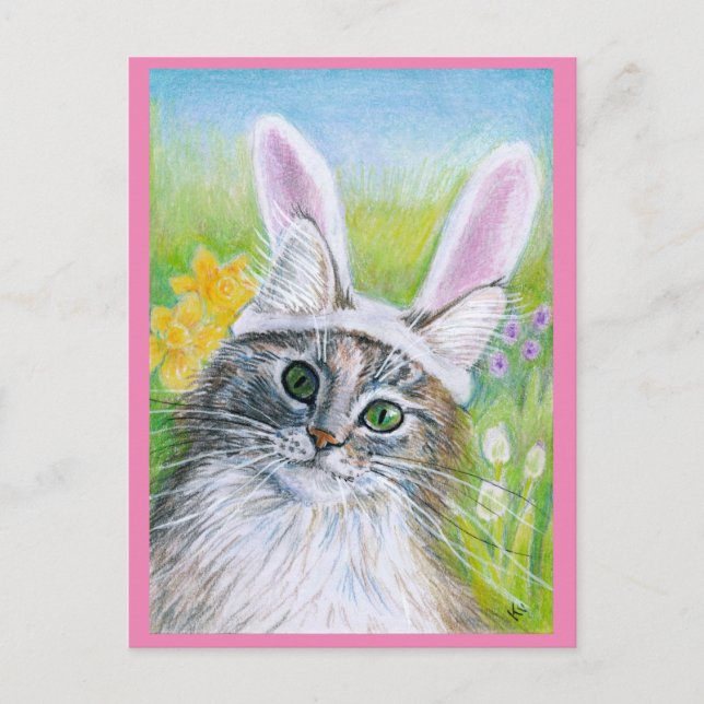 Cute Cat with Bunny Hat Spring pink postcard (Front)