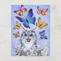 Cute Cat with Butterflies, Tea Cup postcard
