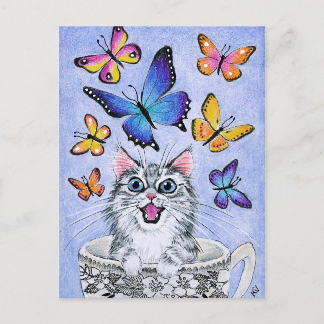 Cute Cat with Butterflies, Tea Cup postcard (Front)