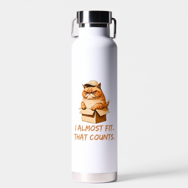 Cute Cat with Cap in Box | I Almost Fit Design Water Bottle (Front)